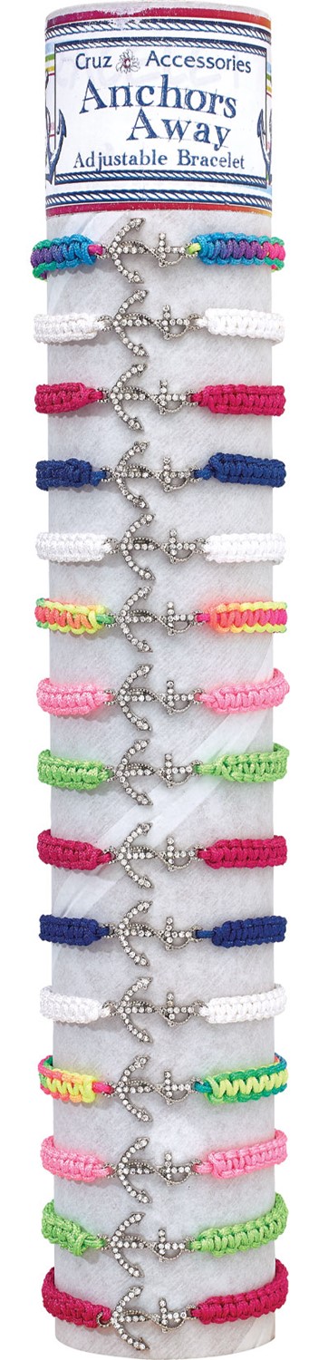 Rhinestone Rope Anchor Macrame Adj Slide-Knot Bracelet (A) Asstd W/ Tube & Base