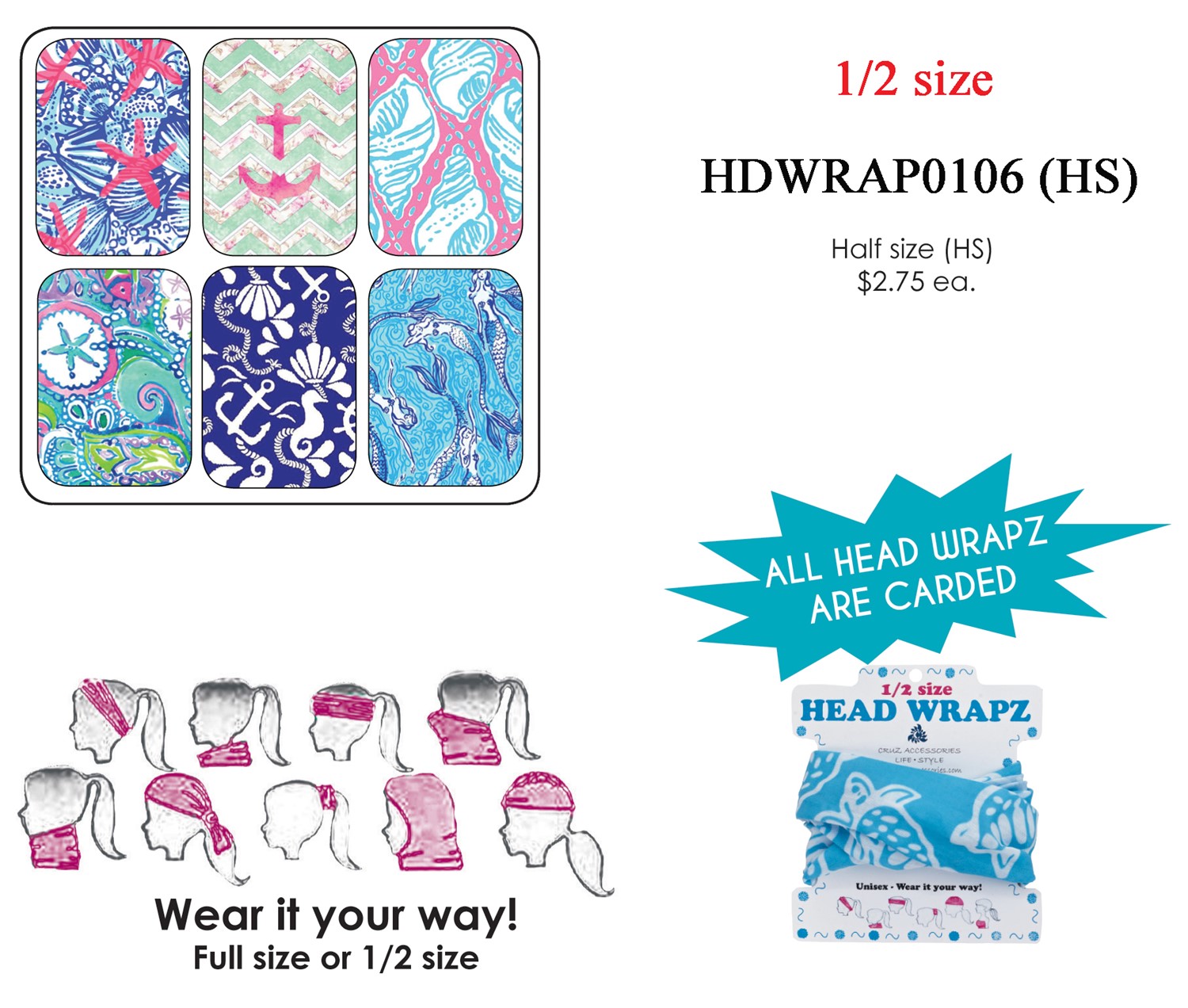 Head Wrapz Nautical Patterns Half Size Assorted Colors