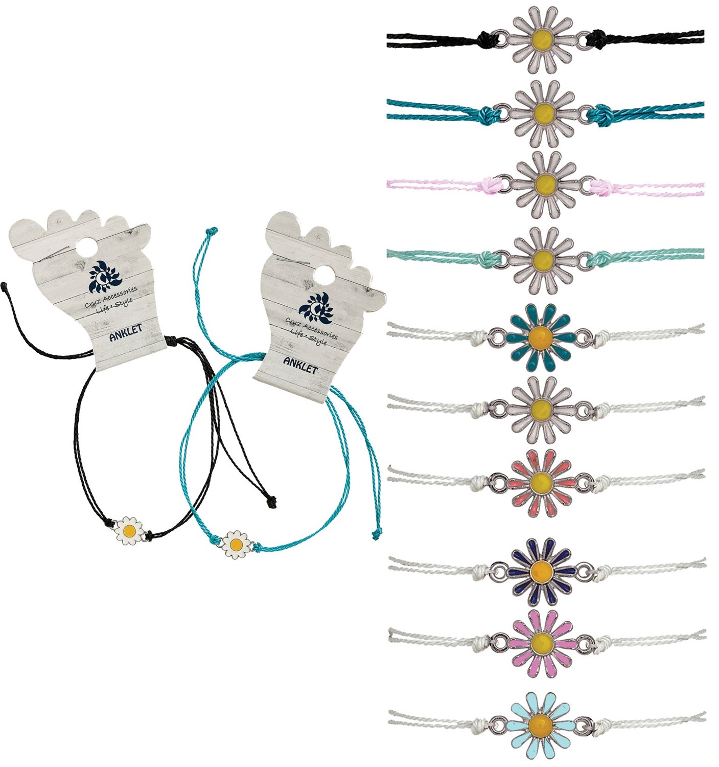 Enamel Daisy Pendant On Color Cord Adjustable Anklet Assorted