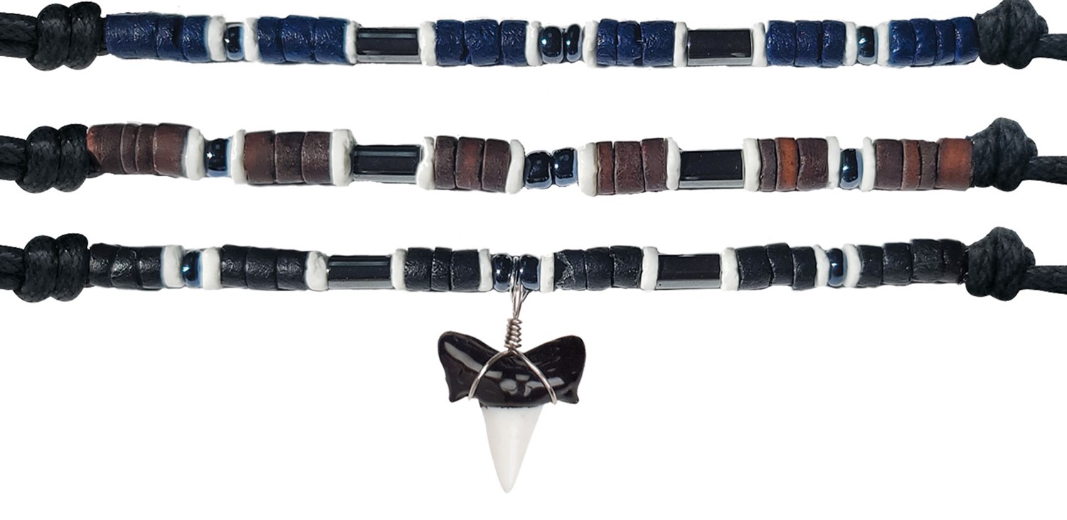 Enamel Shark Tooth Pendant On Adjustable Black Cord Coco Bead Necklace Assorted
