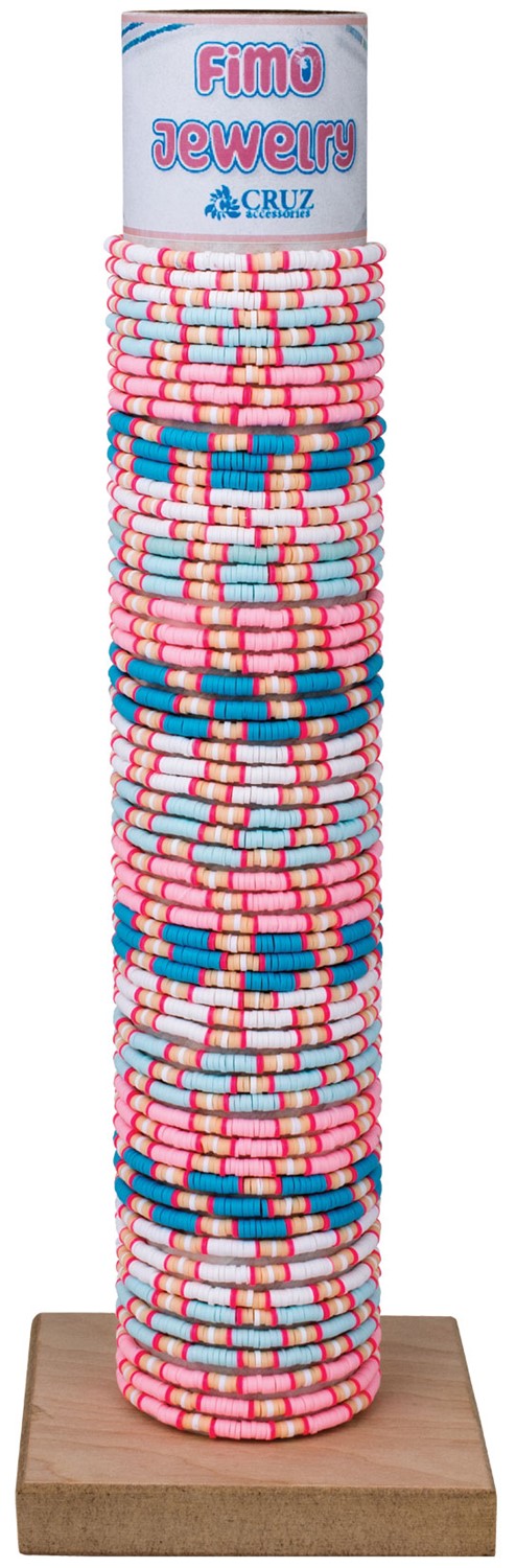 Elastic Pastel Fimo Disc Block Pattern Slide Knot Bracelet Assort W/Tube & Base