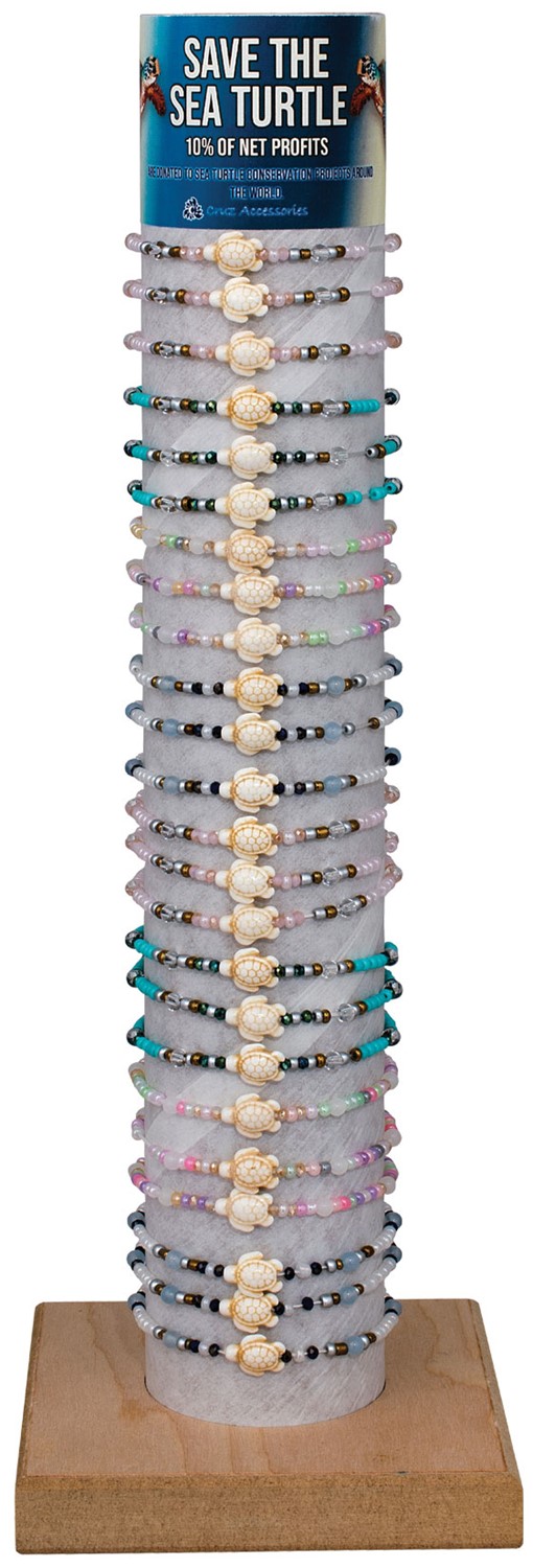 Seed Bead & Facet Bead W/Howlite Turtle Elastic Bracelet Assorted W/Tube & Base