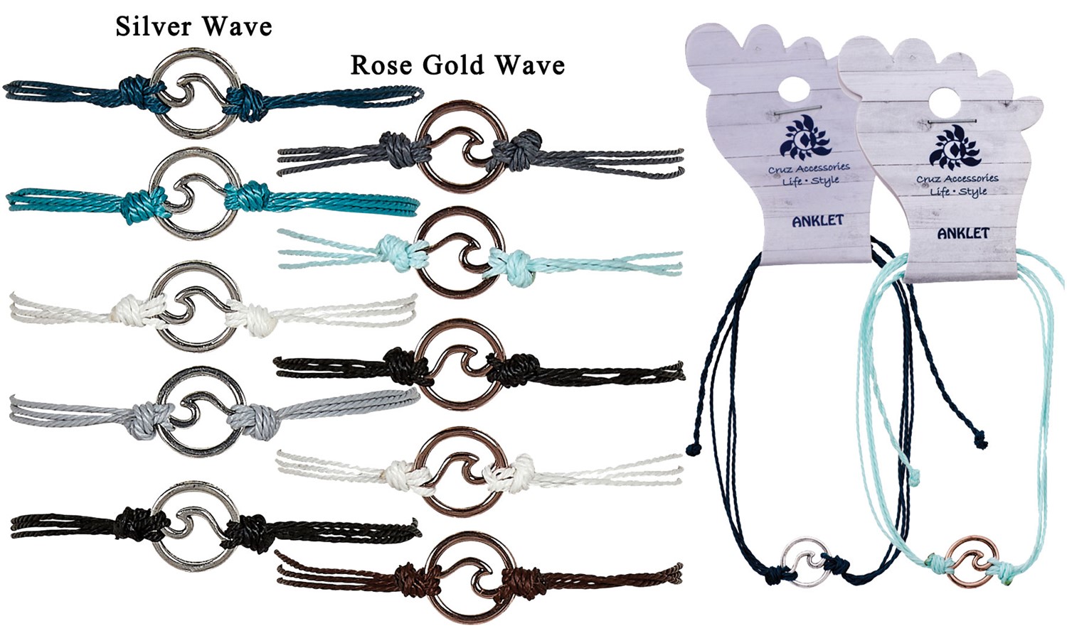 Mini Silver & Gold 2 Wave Pendants On Color Cord Assorted Anklet