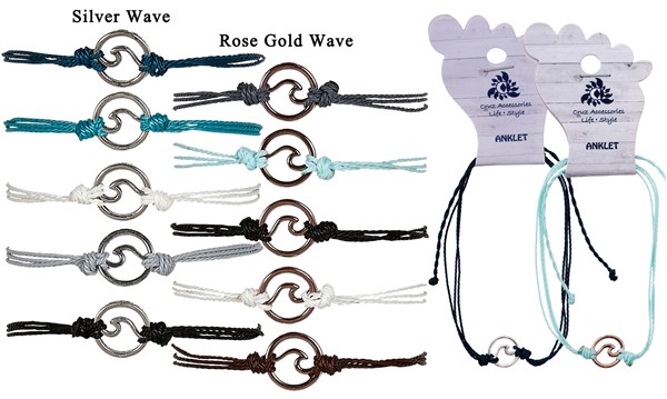 Mini Silver & Gold 2 Wave Pendants On Color Cord Assorted Anklet